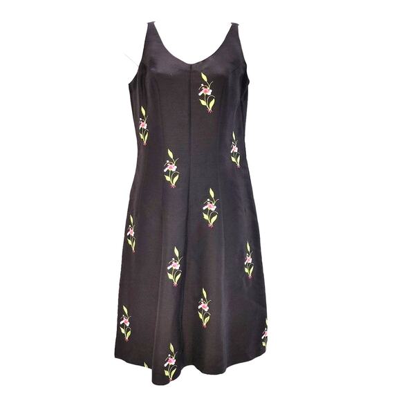 Tibi Silk Short Dress Sleeveless Fit & Flare Embroidered Flower Black Women 6 - Picture 1 of 9